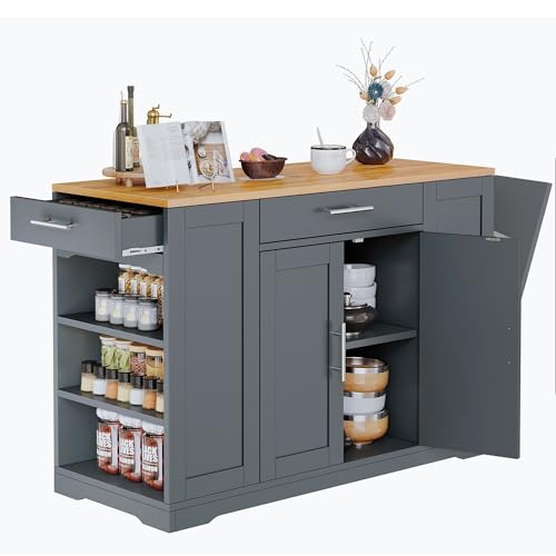 53 Inch Movable Kitchen Island with Trash Can Storage Cabinet