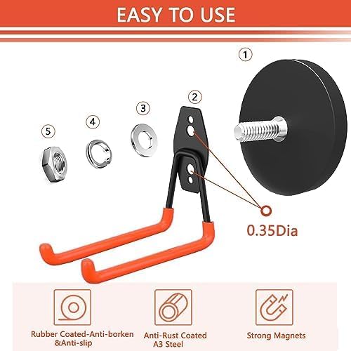 Strong Garage Magnetic Hooks Heavy Duty, 8 Pack Mixed Heavy Duty Storage Utility Magnet Hooks Medium and Large Metal Magnetic Hook with Anti-Slip Coating for Indoor & Outdoor Tool Storage