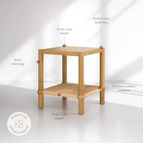 River Modern Coastal Side Table with Solid Wood Legs and Seagrass Storage Shelf (2 Count)