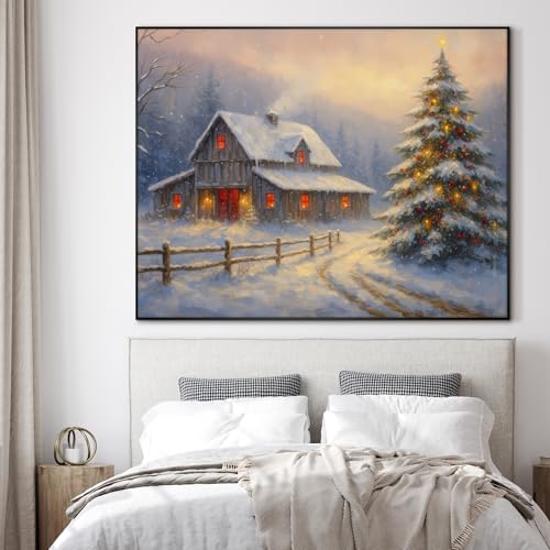 36"x46" Extra Large Framed Wall Art Rustic Winter Cabin with Christmas Tree and Snowy Landscape for Home Living Room Bedroom Decor