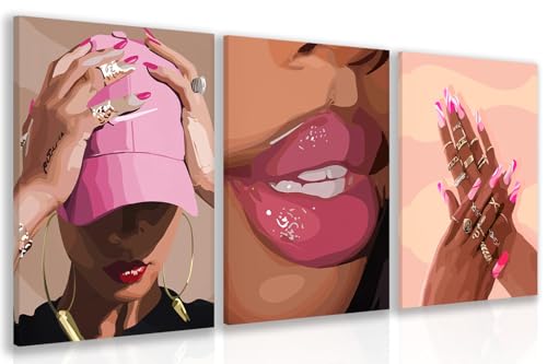 Wrapped Canvas Fashion Pink Black Girl Wall Art Set of 3 (3 Count)