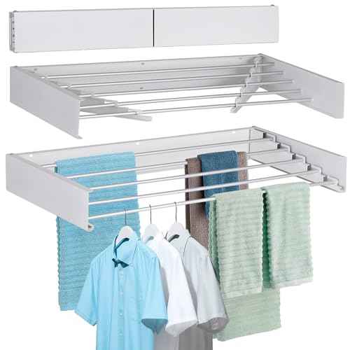 Laundry Drying Rack Wall Mounted Clothes Drying Rack Collapsible with 5 Aluminum Rods and Drilling Template Long Screwdriver Bit 60 lbs Capacity