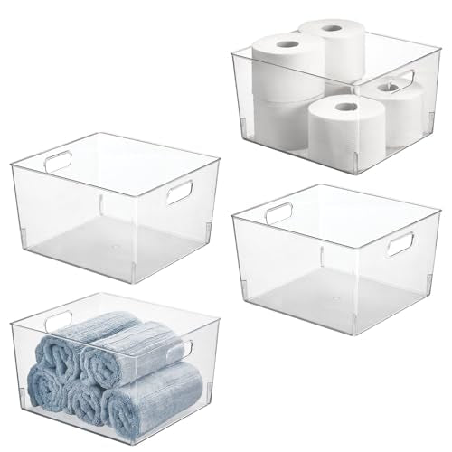 Large Modern Stackable Plastic Storage Organizer Bin Basket with Handles for Bathroom Vanity Organization (4 Count)