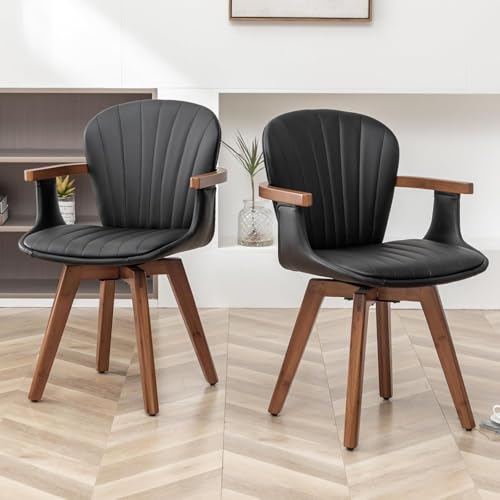 Swivel Dining Room Chairs Set of 2 Mid Century Modern Black Faux Leather Kitchen Chairs with Arms Bamboo Legs Side Chairs No Wheels Bentwood Frame Accent Chair for Dining Rooms and Offices (2 Count)