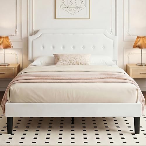 Queen Size Bed Frame with Velvet Upholstered Headboard