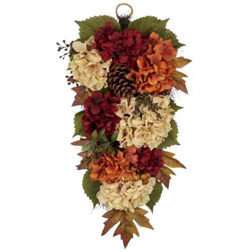 23" Fall Teardrop Swag Small Fall Hydrangea Wreath for Front Door Outside