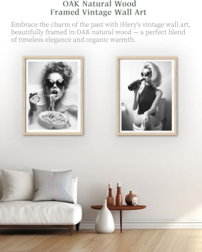 12x16in Natural OAK Wood Framed Woman Eating Pasta Wall Art