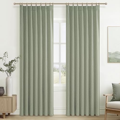 Sage Green Blackout Linen Curtains 90 Inches Long for Living Room Bedroom (2 Count)