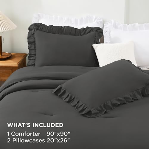 Dark Grey Ruffle Comforter Set Queen Size