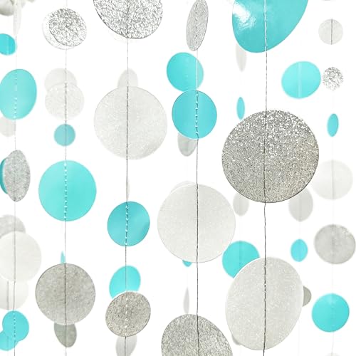 Teal Blue Silver White Party Polka Dot Garland Banner Aqua Turquoise Glitter Silver White Hanging Paper Circle Dots Streamer for Birthday Wedding Bridal Shower Party Decorations Supplies