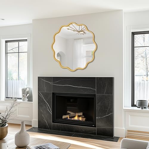 Gold Round Mirror 30 Inch Wavy Bathroom Vanity Mirror Gold Frame Modern Wall Mirror Decorative Wall