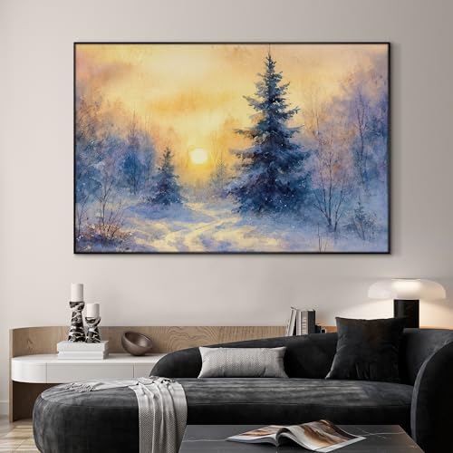 46"x72" Extra Large Framed Wall Art Winter Sunrise in Snowy Pine Forest Watercolor Style for Home Living Room Bedroom Decor