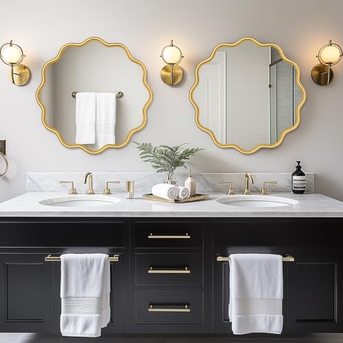 Gold Round Mirror 24 Inch Wavy Bathroom Vanity Mirror Gold Frame Modern Wall Mirror Decorative Wall