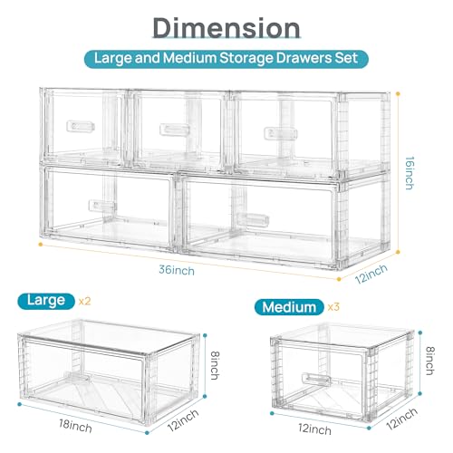5 Pack Large & Medium Storage Stackable Drawers Set (5 Count)