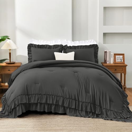 Dark Grey Ruffle Comforter Set Queen Size