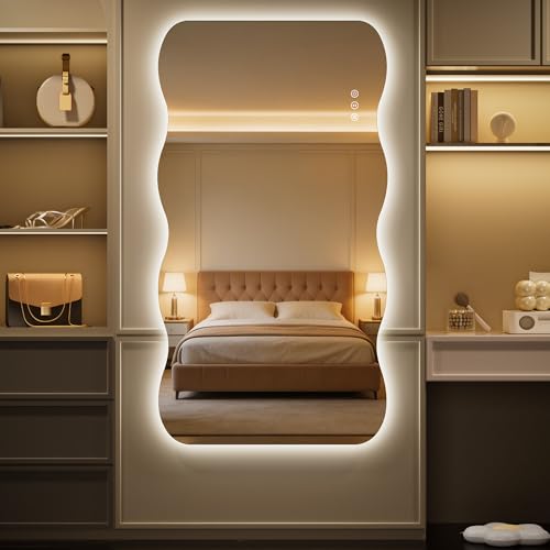 60"x36" Wavy Full Length Mirror with Lights Frameless Backlit Mirror