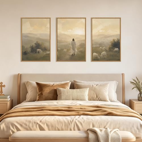 Vintage Jesus Lamb Framed Canvas Wall Art