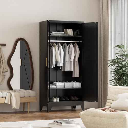 71'' Farmhouse Metal Wardrobe Cabinet with Hanging Rod