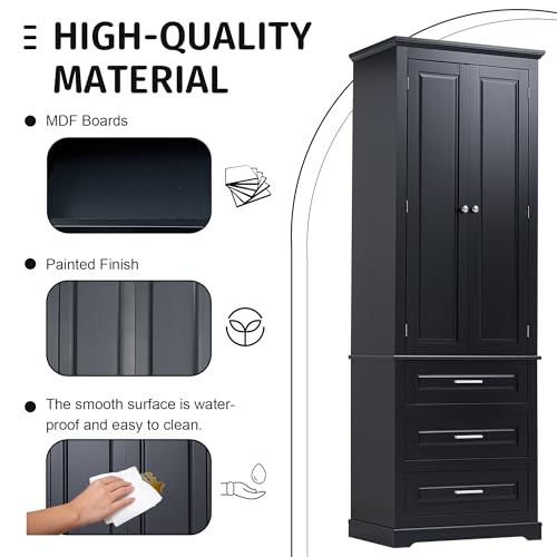 70" Tall Storage Cabinet Kitchen Pantry Cupboard with Two Doors and Three Drawers