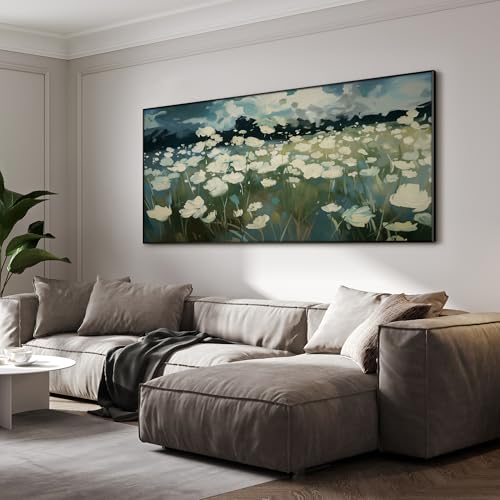 24"x46" Extra Large Framed Wall Art White Wildflower Field in Impressionist Style
