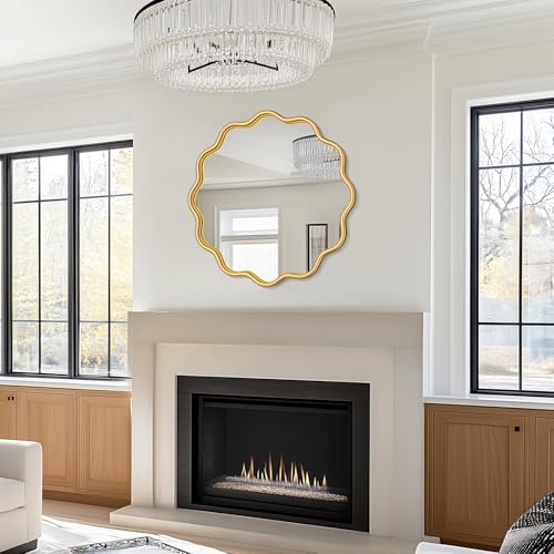 Gold Round Mirror 24 Inch Wavy Bathroom Vanity Mirror Gold Frame Modern Wall Mirror Decorative Wall