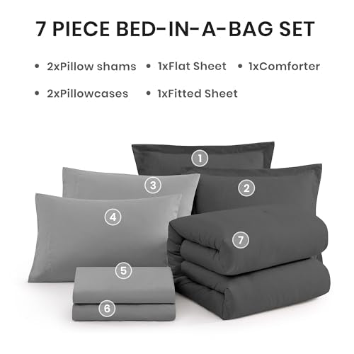 California King Comforter Set 7 Pieces Dark Grey Bed in a Bag