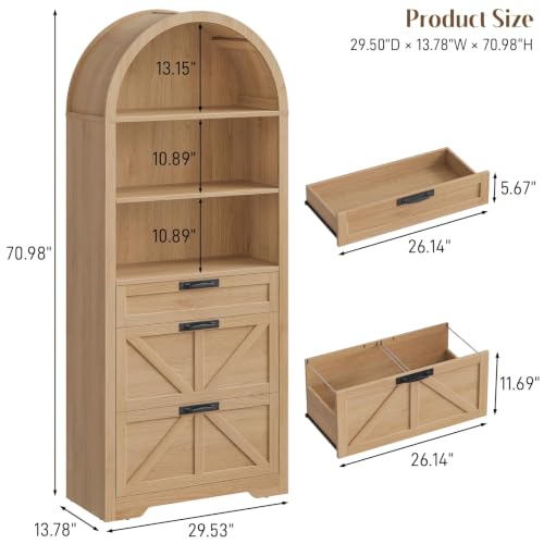 71" Tall Arched Bookcase with File Cabinet Drawers