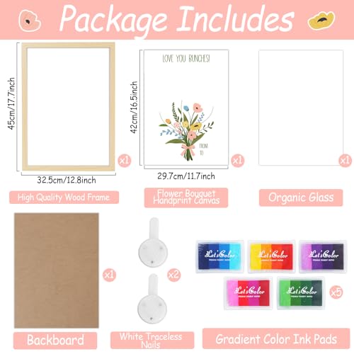 Colorful Flower Bouquet Handprint Art Craft DIY Kit Mother's Day Gifts From Daughter or Son Fun Family Handprint Keepsake with Wood Frame for Mom Grandma Birthday Christmas 12x16 Inch