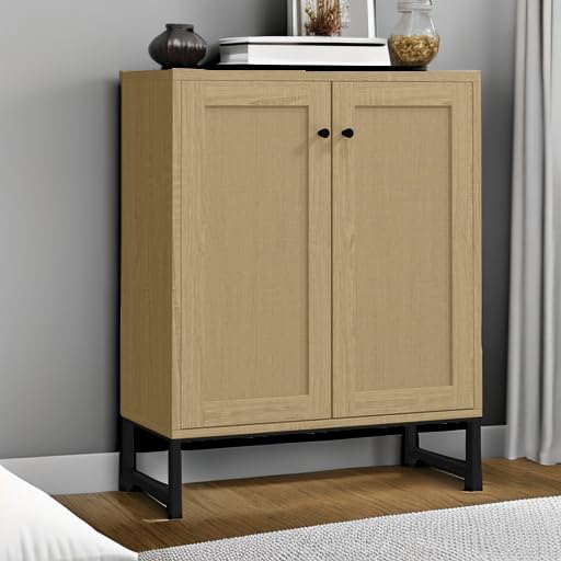 Rattan Decorated 2 Doors Storage Cabinet Accent Cabinet Living Room Cupboard Kitchen Sideboard Buffet Table
