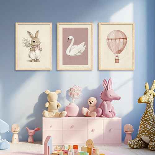 Wood Framed Pink Cute Bunny Nursery Wall Art Set of 3 (3 Count)