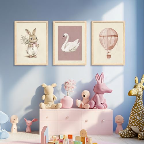 Wood Framed Pink Cute Bunny Nursery Wall Art Set of 3 (3 Count)
