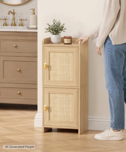 Rattan Small Bathroom Cabinet Narrow Toilet Paper Organizer Oak