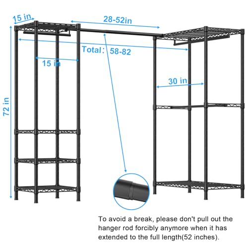 E10L L Shaped Clothes Rack for Corner（With Expandable Hanger Rod）Heavy Duty Freestanding Clothing Racks for Hanging Clothes