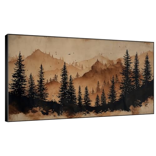 30"x60" Extra Large Framed Wall Art Rustic Mountain Pine Forest Silhouette in Warm Earth Tones for Home Living Room Bedroom Decor