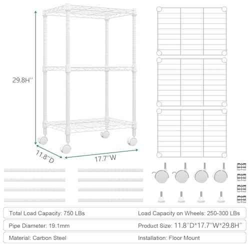 3 Tier Shelf Metal Storage Shelves Wire Rack Closet Organizers with Wheel for Garage Kitchen Bathroom Laundry White 11.8" D x 17.7" W x 29.8" H (3 Count)