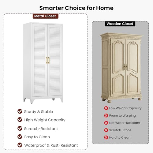 71" Tall White Wardrobe Closet with Door and Adjustable Shelves