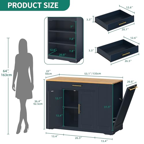 53 inch Large Rolling Kitchen Island with Trash Can Storage Cabinet