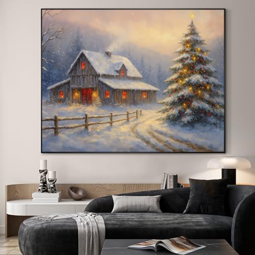36"x46" Extra Large Framed Wall Art Rustic Winter Cabin with Christmas Tree and Snowy Landscape for Home Living Room Bedroom Decor