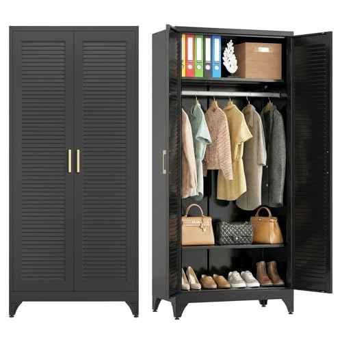 71" Tall Black Wardrobe Closet with Door and Adjustable Shelves