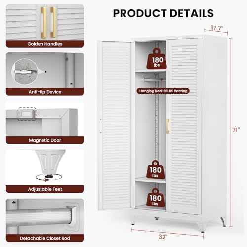 71" Tall White Wardrobe Closet with Door and Adjustable Shelves