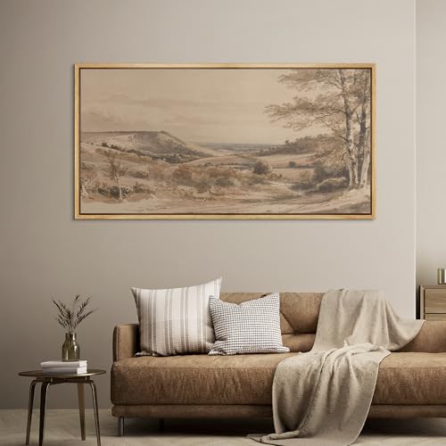 Extra Large Framed Canvas Print Wall Art Vintage Neutral Tone Countryside Landscape Retro Fine Art Illustrations Decorative Colorful for Bedroom
