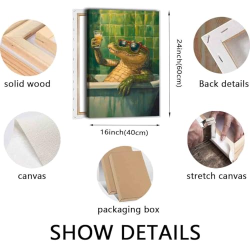 Funky Animals Wall Art Bathroom Humor Poster Animal in Bathtub Painting Aesthetic Cocktail Picture Crocodile Artwork 16x24inch framed