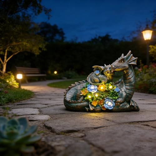 JOYBEE Dragon Solar Garden Statues Outdoor Decoration with Succulent and 6 LED Lights