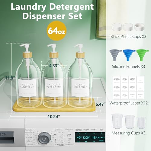 3 Pack White Liquid Laundry Detergent Dispenser with Bamboo Tray