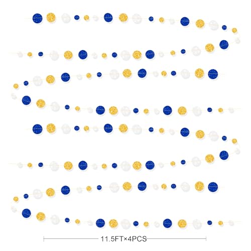 Royal Blue Gold White Party Polka Dot Garland Dark Blue Glitter Gold White Hanging Paper Circle Dots Streamer for Birthday Graduation Wedding Shower Retirement Nautical Party Decorations Supplies