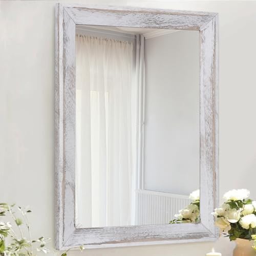 Mirrors for Wall Rustic Wood Framed Hanging Mirror Decorative for Farmhouse Bedroom Bathroom Living Room Entryway Hallway Small White