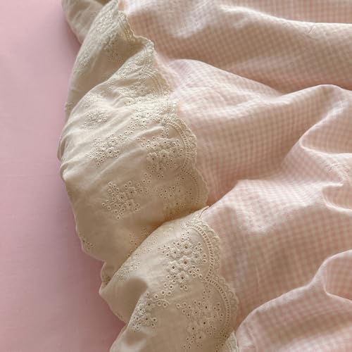 Pink Gingham Comforter Set Queen 3 Pieces Princess Lace Bedding Set Vintage Plaid Checkered Comforter with 2 Lace Pillowcases Soft Breathable Pink Grid Comforter Set for Girls Teens Women