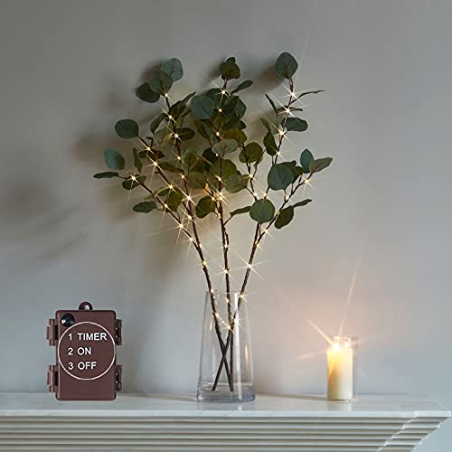 Lighted Eucalyptus Branches 24IN 36 LED with Timer Battery Operated Lit Artificial Greenery for Wedding Party Home Spring Decoration Indoor Outdoor (2 Foot)