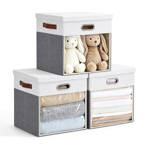 13x13 Inch Ultra Thick Fabric Storage Bins with Lids & Windows (3 Count)