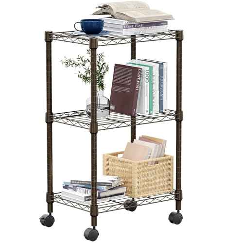 3 Tier Shelf Metal Storage Shelves Wire Rack Closet Organizers with Wheel for Garage Kitchen Bathroom Laundry Brown 11.8" D x 17.7" W x 29.8" H (3 Count)